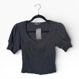Dainty Black Ribbed Ruched V-Neck Puff Sleeve Cropped Top Women's Small NWT